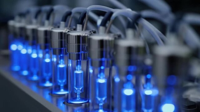 Row of small glass vials in an automated lab device illuminated by blue LED lights.