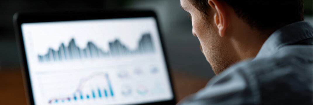 Focused analyst reviewing website analytics data on laptop screen, concentrated and professional