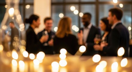 Professional Networking Blur – Out-of-focus image of team members connecting at a relaxed business meetup