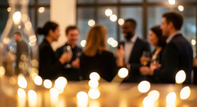 Professional Networking Blur – Out-of-focus image of team members connecting at a relaxed business meetup