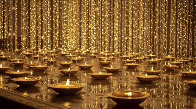 Rows of lit diyas on a reflective surface with golden string lights in the background for Diwali celebration