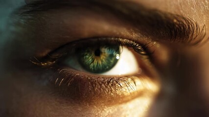 Close-up of a green eye with a detailed iris and long lashes.