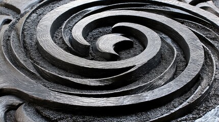A close-up, textured view of a dark, metallic spiral sculpture with concentric rings and a rough, granular background. The lighting highlights the intricate det