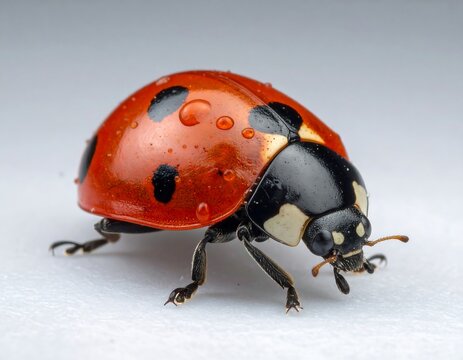 Close-up macro of a red ladybug with black spots and water droplets