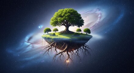 A vibrant green tree with roots hangs from a small floating island against a backdrop of a swirling galaxy in space.