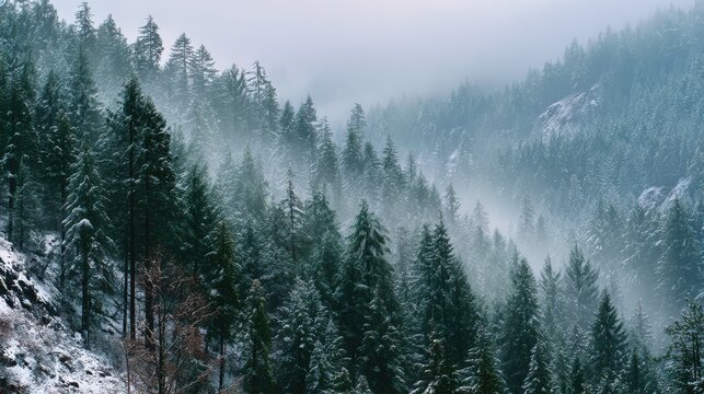 Snow covered evergreen forest on a misty mountain slope winter trees