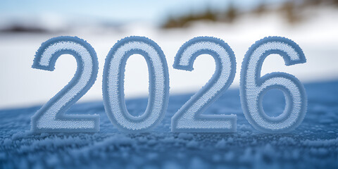 The year 2026 in frosted ice numbers on a snowy landscape