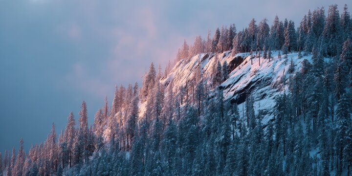 Snow covered pine trees on a rocky mountain slope at sunrise winter - Powered by Adobe