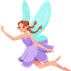 Whimsical Fairy with Translucent Blue Wings and Lavender Dress in Flight with Braided Hair and a Gentle Smile Isolated on White Background