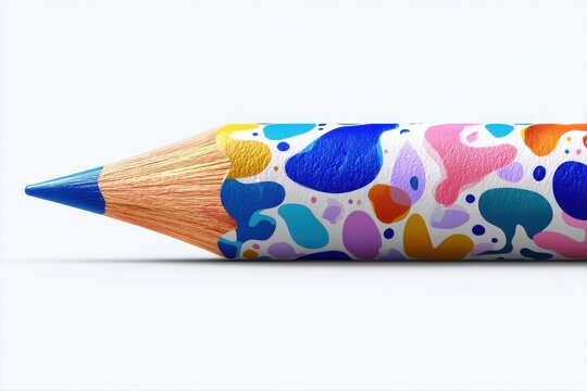 Artistic Blue Tipped Pencil with Vibrant Colorful Abstract Paint Splatters on transparent background