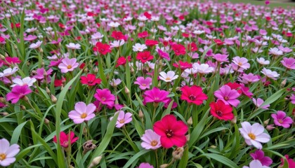 Vibrant Flower Field with Pink, Red, and White Blossoms Surrounded by Lush Green Grass