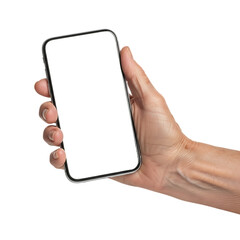 Hand, holding a modern smartphone with a blank white screen, cutout, PNG isolated on a transparent background, AI