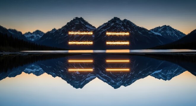 Serene alpine vista at twilight reflected on a tranquil lake enhanced with neon glows
