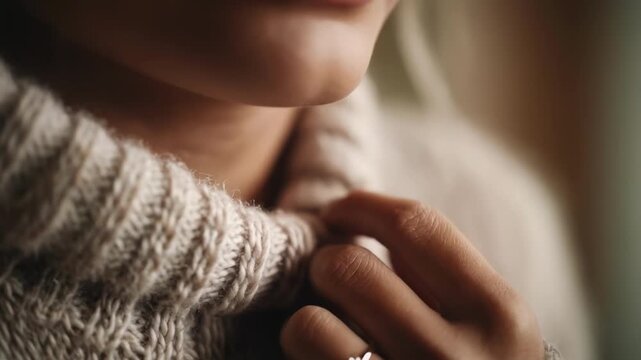 Close-up of a hand wearing a diamond solitaire engagement ring on a cozy knit sweater.