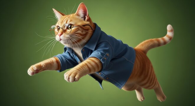 Sophisticated ginger cat wearing glasses and a denim shirt floats on green background