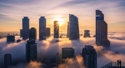 Metropolitan dreamscape city above the clouds at sunrise basking in golden light creating a