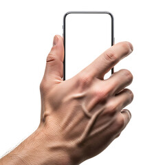 Male hand, holding a modern smartphone with a black screen, cutout, PNG isolated on a transparent background, AI