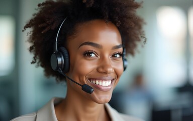 Call center, telemarketing and black woman in customer service office with headset, smile and happiness. Face of female contact us, CRM and sales consultant with a smile for to talk, support and help