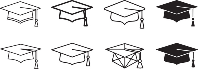 Collection of diverse academic graduation cap icons, symbolizing education, achievement, commencement, ceremony, success, and scholarly milestones Vector