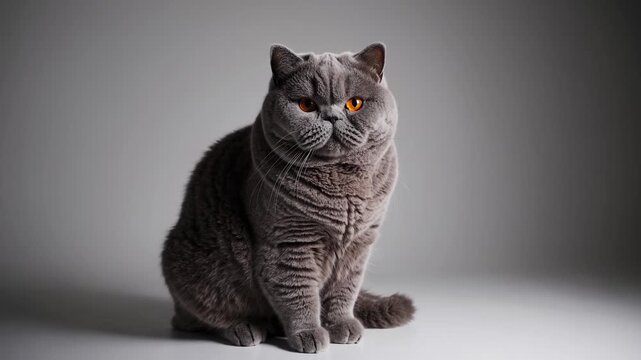 British cat sitting upright on floor. Portrait of fluffy pet with orange eyes. Cat sitting still in studio. Gray animal with soft fluffy coat. British gray fluffy cat looking straight ahead.