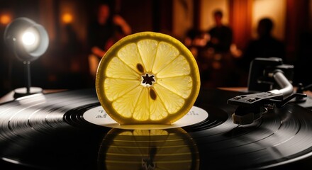 A vibrant slice of lemon atop a classic vinyl record evokes nostalgic musical vibes