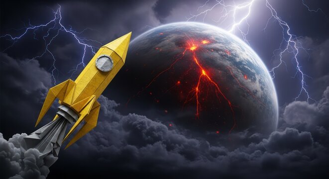 Imaginary voyage: a yellow paper rocket ship against a fiery planet and lightning sky
