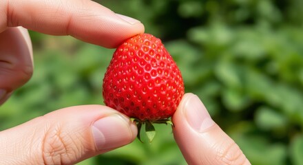 Close up of ripe strawberry held between two fingers against greenery background