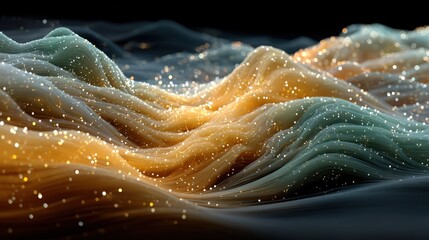 Abstract flowing waves of light and color with sparkling particles.