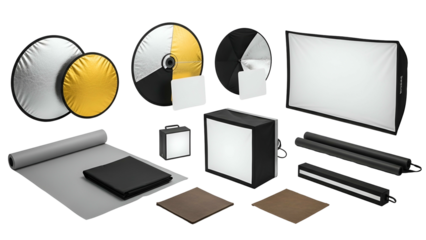 Group shot of photography equipment including reflectors, softboxes, and light modifiers
