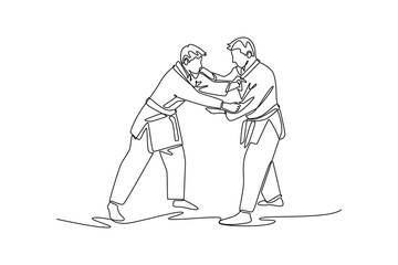 Continuous one line drawing two men are locked in close-quarters grapple for collar and sleeve. Strategic and focused intensity of the Judo combat. Single line draw design vector graphic illustration