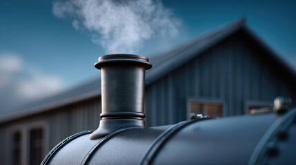 Close up of steam locomotive chimney with smoke, vintage train detail, industrial transportation, nostalgic mood