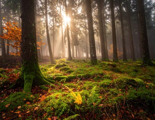 Fototapeta premium Mystical forest scene with sun rays filtering through trees, creating atmosphere