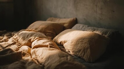 An unmade bed with beige blankets and pillows in a dimly lit room.