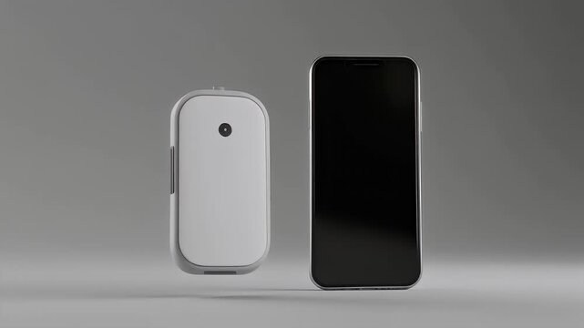 Sleek white portable electronic device alongside a modern smartphone, showcasing contemporary personal technology and mobile connectivity on a minimalist backdrop