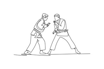 Continuous one line drawing two men are poised in wide, low stance, hands ready for initial grip or clash. Strategic focused intensity Judo combat. Single line draw design vector graphic illustration