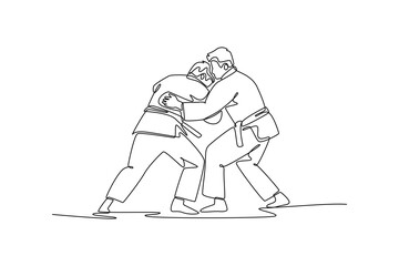 Continuous one line drawing two men are locked in close-quarters grapple for collar and sleeve. Strategic and focused intensity of the Judo combat. Single line draw design vector graphic illustration