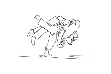 Continuous one line drawing two men are performing dynamic throw with one executing a hip-and-shoulder technique. Power, balance, and fluid motion. Single line draw design vector graphic illustration