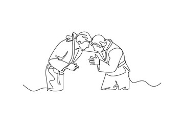Single continuous line drawing two men are locked in close-quarters grapple for the collar and sleeve, illustrating focused intensity of Judo combat. One line draw graphic design vector illustration