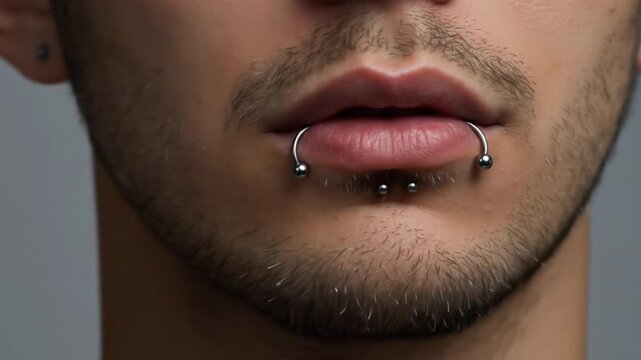 Lip Piercing Detail: Silver Horseshoe and Labret