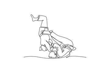 Single continuous line drawing two women are locked in close-quarters grapple on the ground, with one performing inverted roll over the other. Dynamic one line draw graphic design vector illustration
