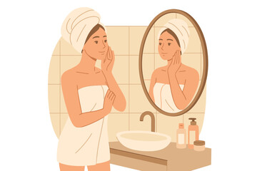 Young woman wrapped in towels applying face cream during self-care routine in bathroom mirror