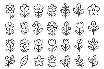 Fototapeta premium Simple hand drawn outline floral elements set featuring various flowers and botanical leaves