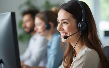 Smiling female mentor in wireless headset teaching call center operator intern close up, coach training customer support service staff, using computer, consulting client on phone, horizontal photo