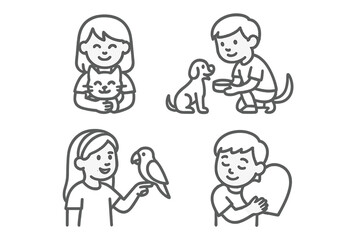 Children caring for pets, including cats, dogs, and birds, depicted with outline icons and a love symbol