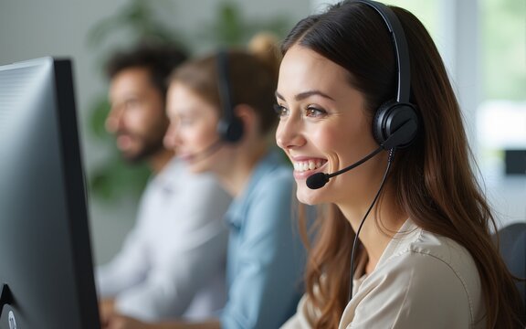 Smiling female mentor in wireless headset teaching call center operator intern close up, coach training customer support service staff, using computer, consulting client on phone, horizontal photo