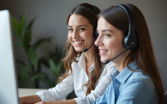 Smiling female mentor in wireless headset teaching call center operator intern close up, coach training customer support service staff, using computer, consulting client on phone, horizontal photo - Powered by Adobe