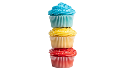 Stack of three cupcakes with colorful frosting blue, yellow, and red, sprinkles on top
