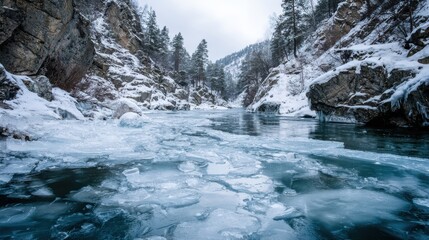 Frozen river flowing through snow covered rocky canyon with pine trees winter