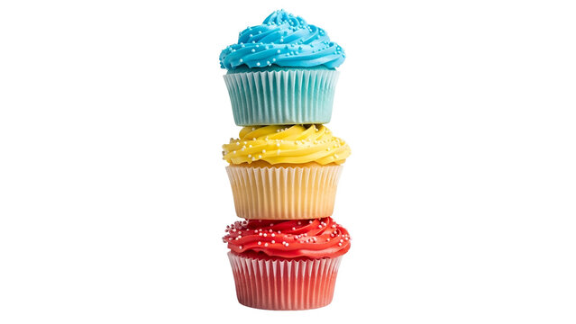 Stack of three cupcakes with colorful frosting blue, yellow, and red, sprinkles on top
