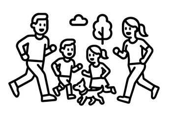 Joyful parents and kids running together with the family dog for fitness and health